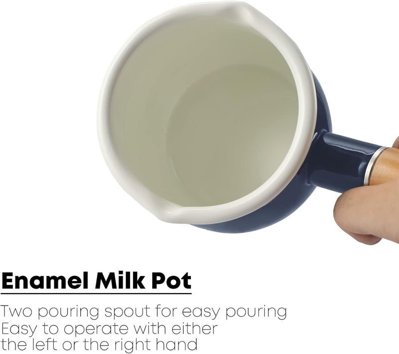 FARCADY 0.6qt Mini Enamel Milk Pot Insulated Wooden Handle 2 Pour Spouts Small Food Warmer Cute Saucepan (D015,BLACK) - Image 5